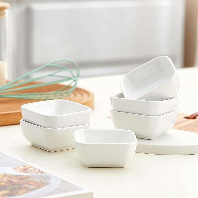 Ceramic Dipping Bowls Set of 6,3 Ounce Porcelain Small Mini Dip Bowl Square Soy Sauce Dish - Good for Tomato Sauce, Sushi Soy, BBQ,Charcuterie Board(White)