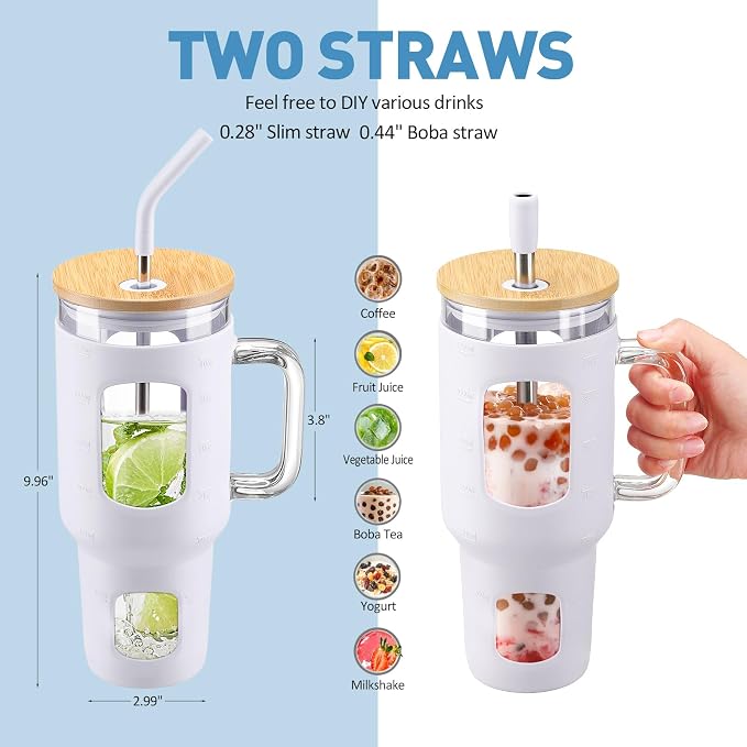 WINSA Glass Tumbler with Straw and Lid, 40 oz, Glass Water Bottles with Time - Image 4