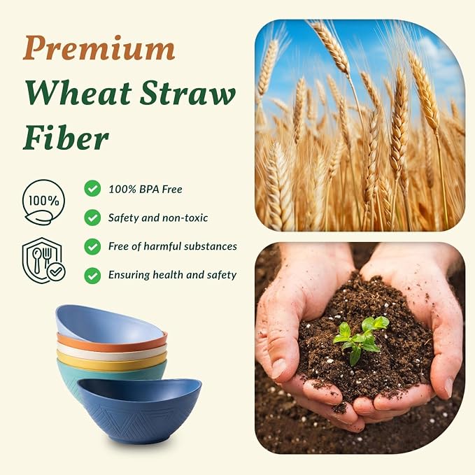 Wheat Straw Bowls 26 OZ Oval Serving Bowls 6 PCS Unbreakable Plastic Cereal - Image 3