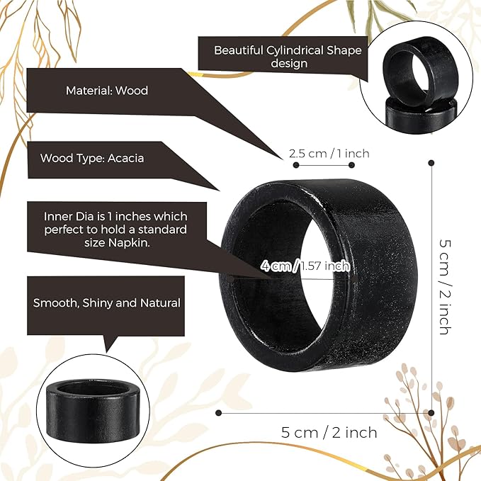 Zhehao 50 Pcs Wood Napkin Rings Bulk Acacia Handmade Dining Table Napkin Holder Buckles for Winter Spring Valentine's Day Wedding Dinner Harvest Holiday Table Decoration(Round,Black)