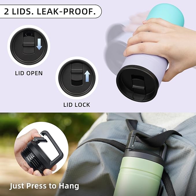 BJPKPK Insulated Water Bottle with 2 Lids,20 oz Double Wall Stainless Steel Vacuum Tumbler Travel Coffee Mug,Wide Mouth Thermal Cup,Lavender Green