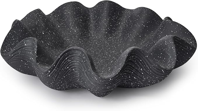 Scalloped Decorative Bowl Home Decor - 12.6" Modern Handicraft Large Shell Ruffle Decorative Fruit Bowl for Kitchen Counter, Chic Key Tray for Entryway Table, Starry Black