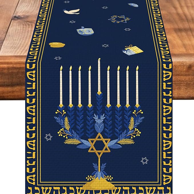 Hanukkah Burlap Table Runner Seasonal Kitchen Dining Linen Table Decoration by Worltoldb