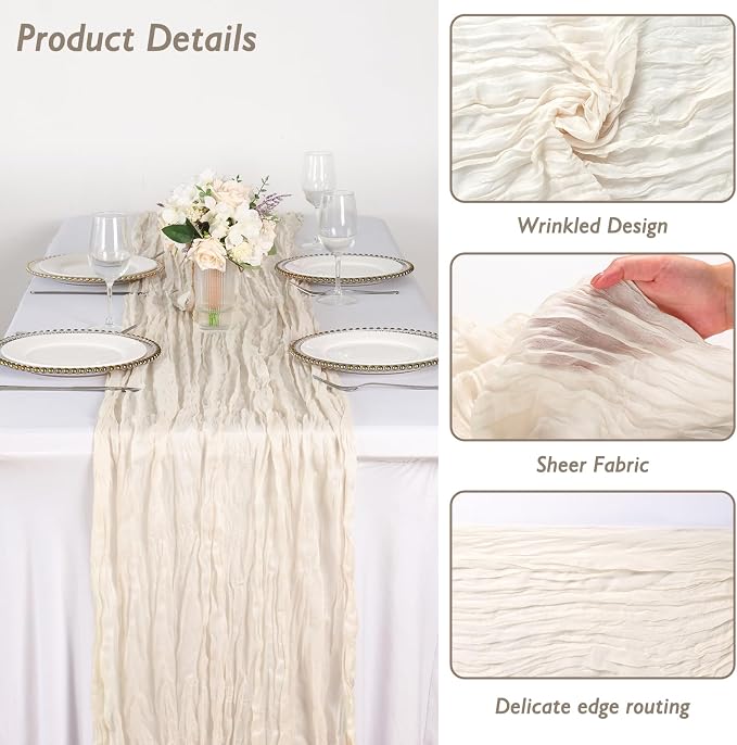 20 Pack Ivory White Cheesecloth Table Runner 120 Inch Boho Wedding Decor | - Image 3