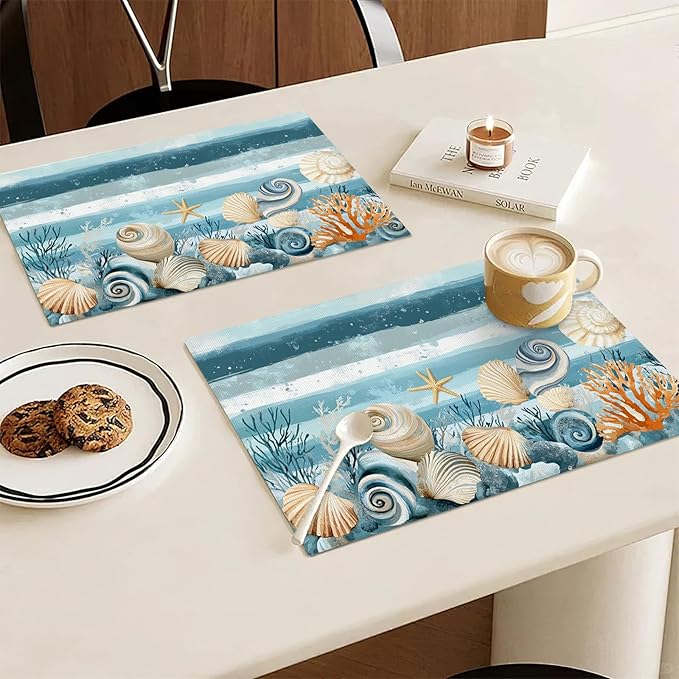 Ocean Seashell Placemats Set of 4, Beach Starfish Place Mats, Coastal Marine Life Waterproof Washable Table Mats for Home Party Indoor Kitchen Dining Table Decoration 12x18 Inch