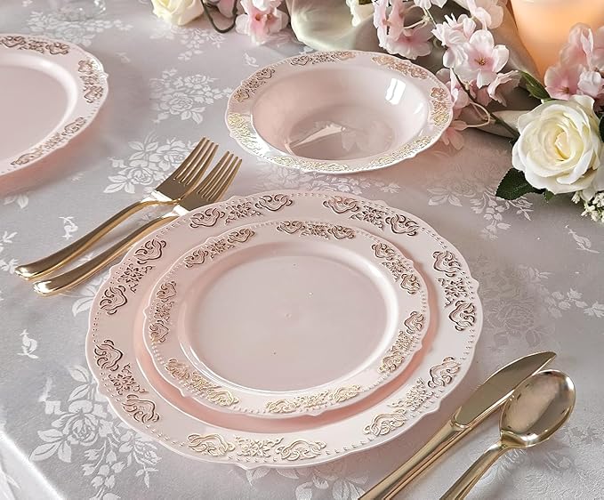 " OCCASIONS " 240 Plates Pack,(120 Guests) Vintage Wedding Party Disposable Plastic Plates Set-120x10.25'' Dinner +120x7.5'' Salad/Dessert Plate (Portofino Light Pink/Blush & Gold)