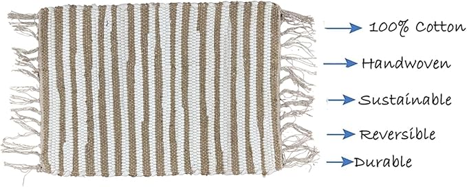Perilla Home Placemat Set of 4 - Cotton Jute Blend Square Placemats - Farmhouse Rustic Woven Bohemian Machine Washable Table Mats with Tassels for Dining Table Decor (Brown & White)