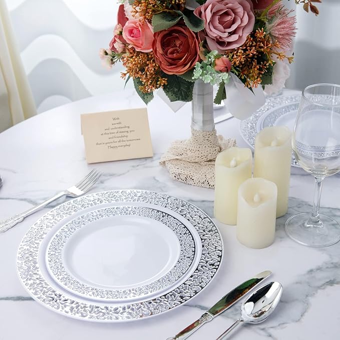 WDF 100pcs Silver Plastic Dessert Plates 7.5" with 100 Pieces Disposable Forks 7.4", Silver Plates Appetizer Plates Small Plates, Fancy Salad Plate and Cake Plate for Party Wedding Valentine's Day