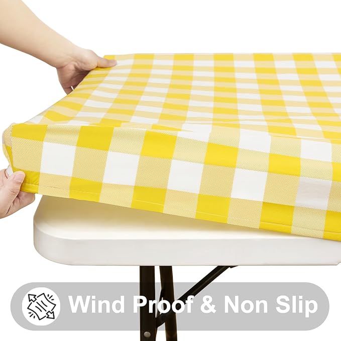 Smiry Rectangle Picnic Table Cloth, Elastic Waterproof Fitted Vinyl Tablecloths, Flannel Backed Buffalo Plaid Table Covers for Dining, Camping, Outdoor (White and Yellow, 36" x 60")
