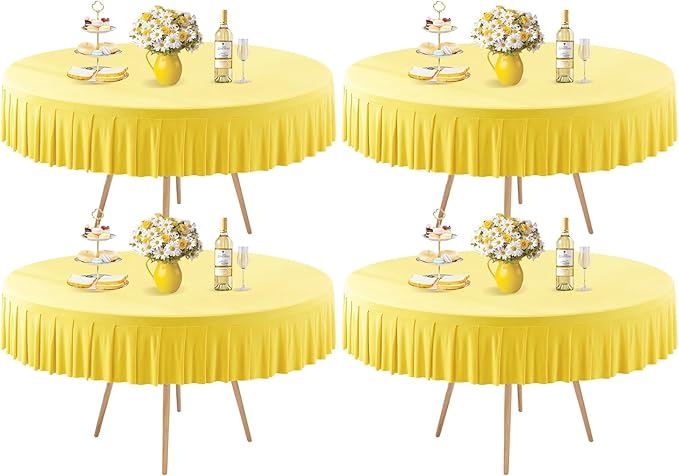 4 Pack Yellow Spandex Round Tablecloths for 60 inch Table, Stretchy Fitted 5FT Round Table Cloths with Skirt for Wedding Party Dining Banquet