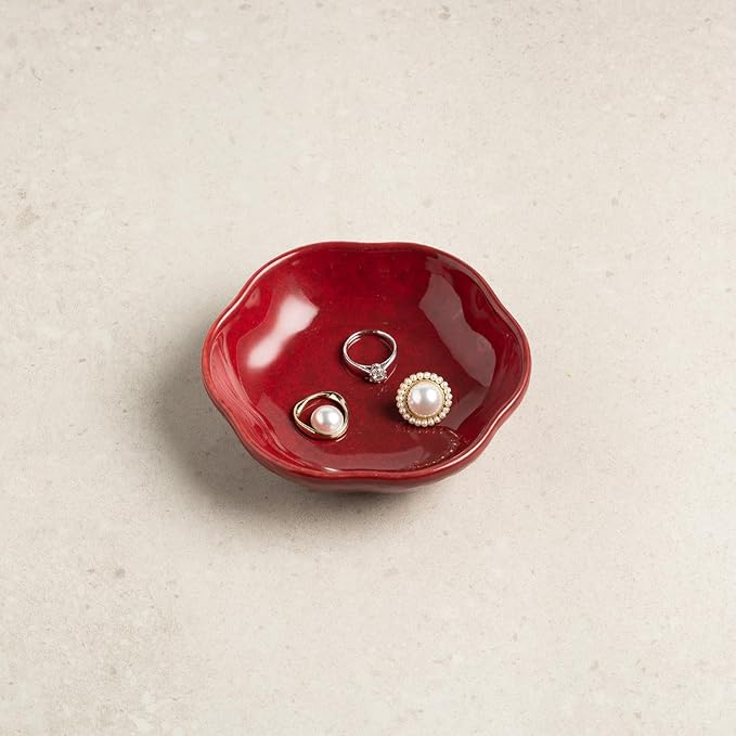 Floral Ceramic Ring Dish Elegant Jewelry Gift for Women Ceramic Trinket Tray Ring Holder Necklace Organizer for Mom Best Friend Sister (red)