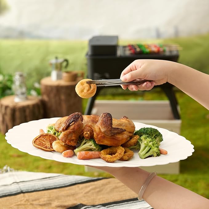 U-QE 25 Count Ivory Christmas Plastic Plates - 13.4 inch Oval Plates Disposable Plates Heavy Duty For Big Eaters, Ivory Disposable Platters Ideal for Christmas, Party, Picnic and Weddings