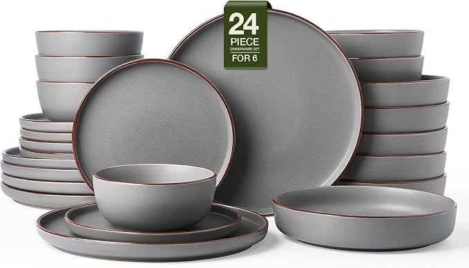 Famiware Mercury 24-Piece Stoneware Plates and Bowls, Dark Grey | Dinnerware Set by Famiware