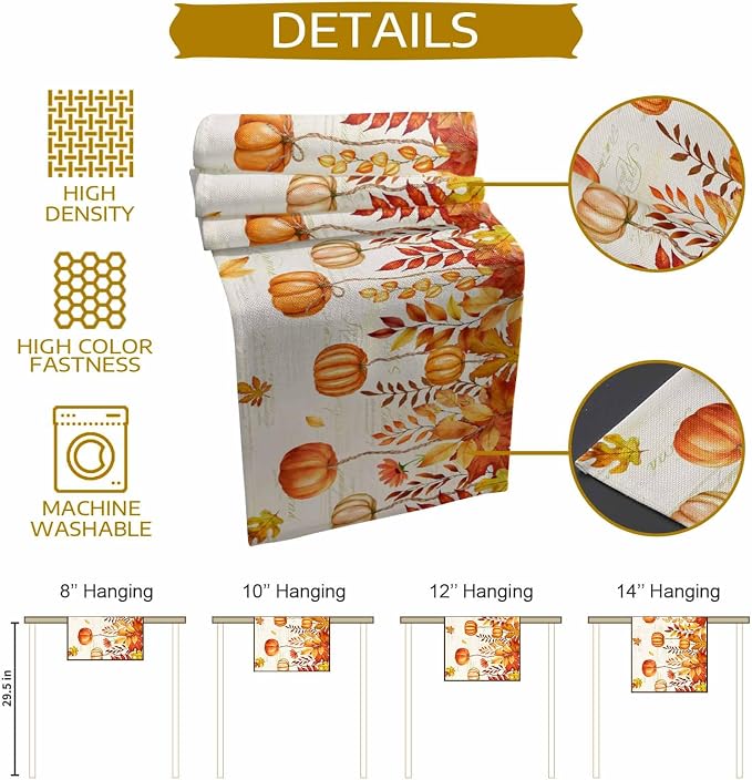 Orange Pumpkin Fall Table Runner 120 Inches Long, Thanksgiving Maple Eucalyptus - Image 8