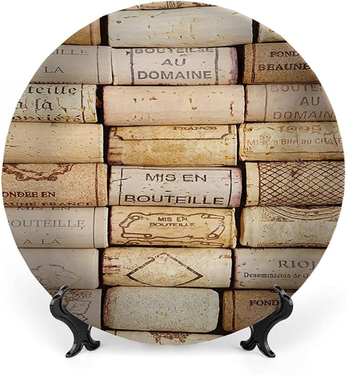 Ceramic Display Plate, Winery Ceramic Hanging Decorative Plate, Different Wine Corks Arranged in Line Collections, 6 Inch, Living Room Kitchen Decoration Household, Ivory Pale Brown