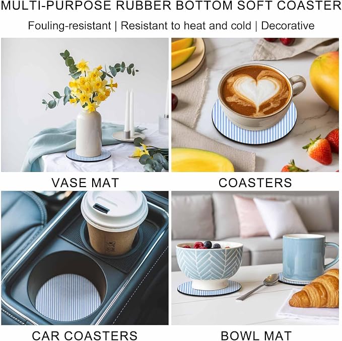 Blue White Stripe Coasters Set of 4, Modern Minimalist Geometric Striped Soft - Image 6