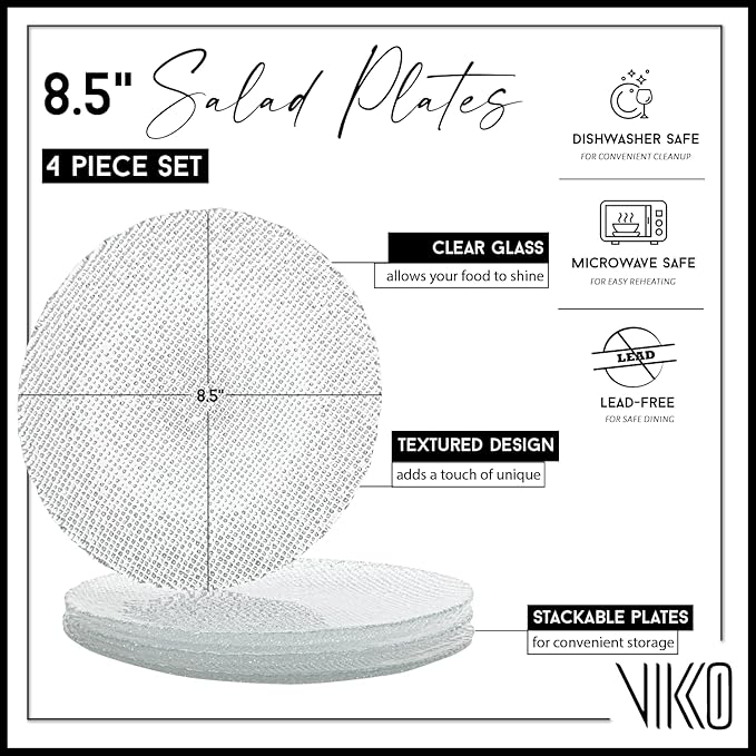 Vikko Elegant Textured Glass Plates - Set of 4 Stackable Salad & Dessert Plates, 8.5 Inch, Dishwasher Safe
