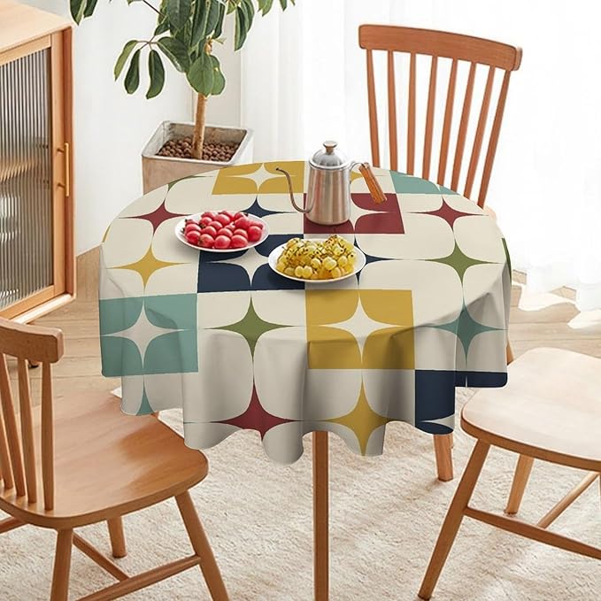 Middle Century Modern Round Tablecloth, Retro Mid Century Geometry Abstract Bohemia Tablecloth for Home Party Dining Room Kitchen Decor 60Inch(152cm)