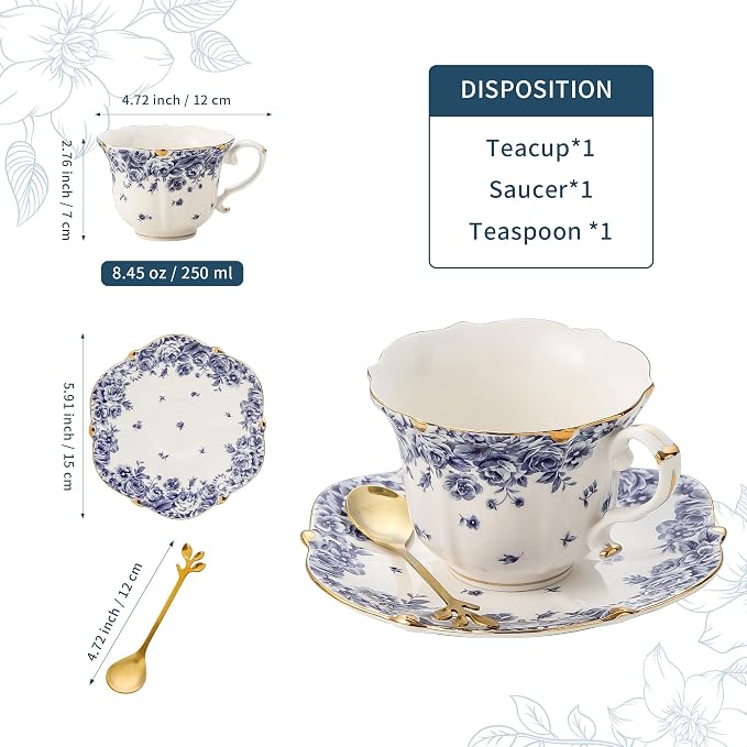 TATSUMI Country Roses Bone China Tea Cup and Saucer Set, 3 Pieces, Vintage Style - Image 2