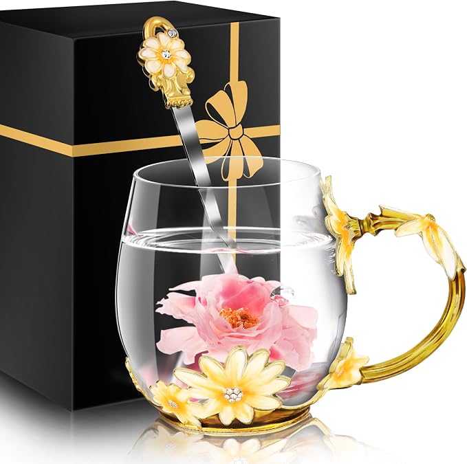 Women Glass Tea Coffee Pretty Cup Set Cute Mug You Are My Sunshine Sunflower by MNZZ