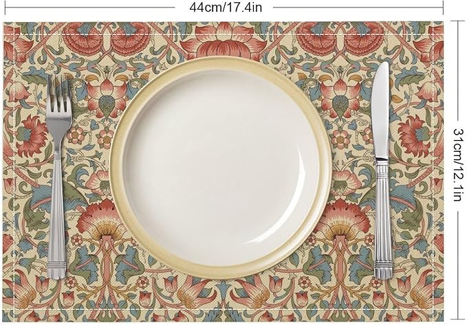 William Morris Placemat Set, Beige Blue Pink Retro Rustic Art Exotic Ethnic Lotus Floral Seamless Pattern Home Decor Linen Table Mats for Dining Room Kitchen Party (17x12in) x6P