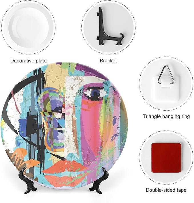 Ceramic Plates, Abstract Decorative Ceramic Plates, Woman Face Art Paint Strokes and Splashes Eye Red Lips Grungy, 6 Inch, for Dining, Parties, Wedding, Multicolor