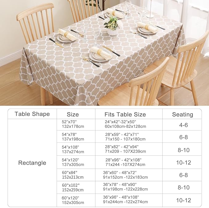 Smiry Rectangle Table Cloth, Wipeable Spillproof Plastic Tablecloths for Dining, Waterproof Vinyl Tablecloth with Flannel Backing for Rectangle Tables, Camping, Outdoor and Indoor (70"x90", Khaki)