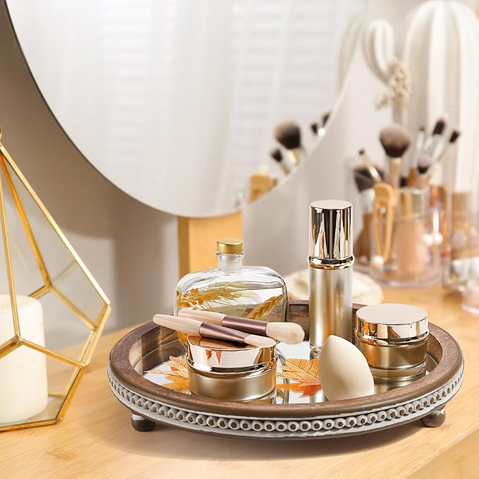 KULEDM Handmade Wooden Serving Tray, Small Beaded Coffee Table Tray Decor, Mirror Round Decorative Tray for Coffee Table, Dining Room Table Entryway and Living Room Table, TR700