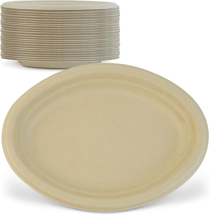 Green Earth, 10-Inch, 125-Count, Compostable Plates, Natural Bamboo Fibers, Everyday Tableware - Biodegradable Disposable Oval Shape Microwave-Safe Gluten-Free Eco-Friendly