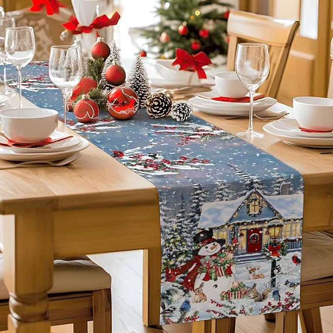 Merry Christmas Table Runner 108 Inches Long, Xmas Trees Snowman Snowflake - Image 9