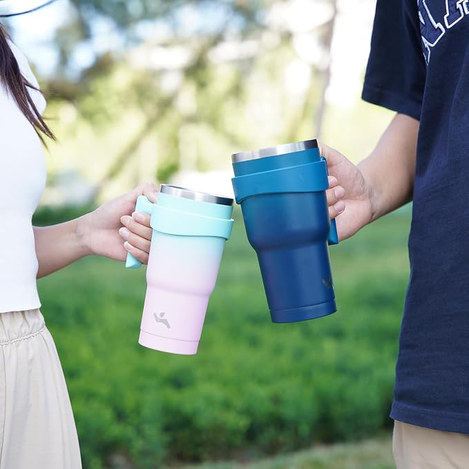 Konokyo 30 oz Tumbler with Handle and Straw, Insulated Travel Mug | Turquoise; - Image 6