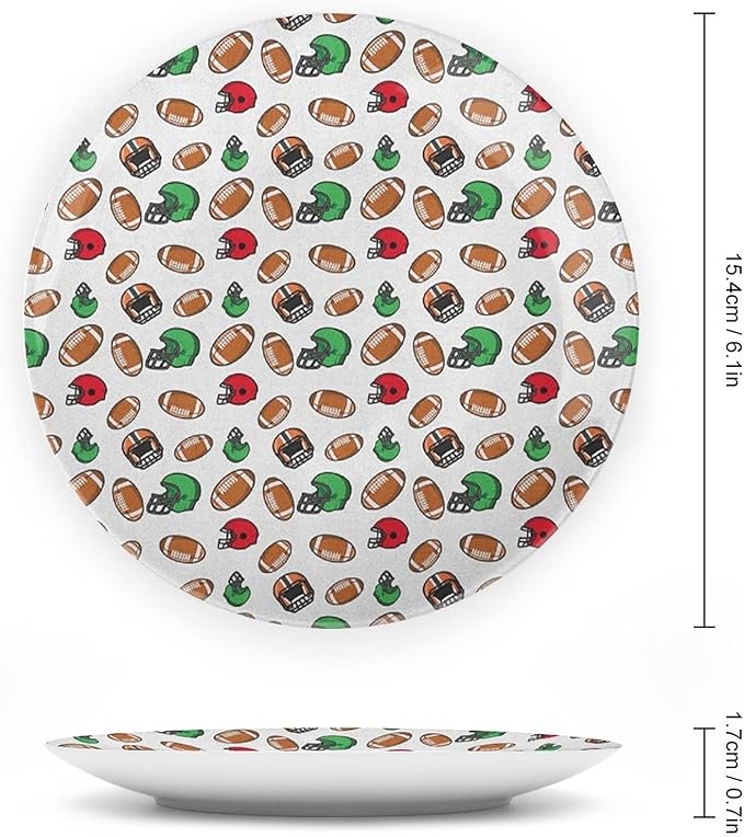 Ceramic Display Plate, American Football Ceramic Hanging Decorative Plate, Cartoon Style Rugby Icons Balls American, 10 Inch, Living Room Kitchen Decoration Household, Multicolor