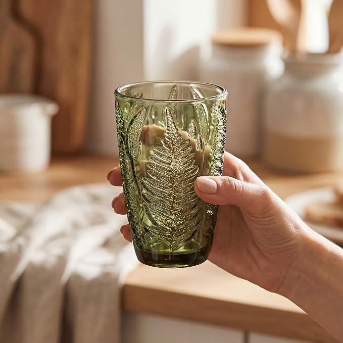 Green Drinking Glasses Set of 8, 12 oz Glass Cups, Vintage Fern Glassware | - Image 3