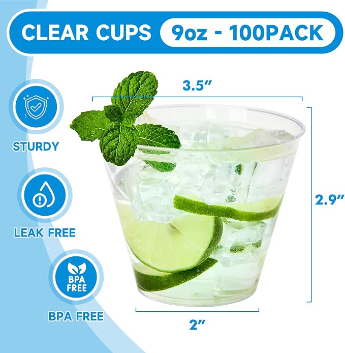 RACETOP 9 oz Clear Plastic Cups 100 packs, Disposable Plastic Party Cups - Image 2
