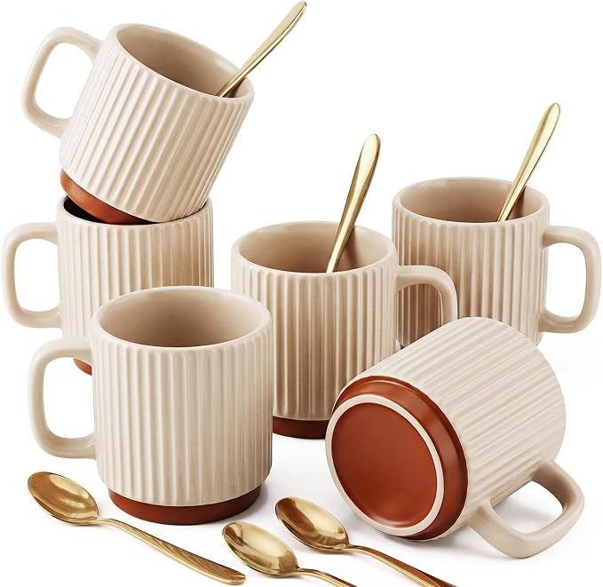 6 Set Ceramic Coffee Mugs with Gold Spoons, 8.8 oz Textured Ribbed Coffee Cups by Ferrochef