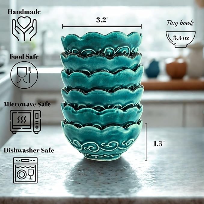 Handmade Decorative Turkish Ceramic Mini Pinch Bowls Set of 6 – Small Dipping & Serving Sauce Bowls, Green Charcuterie Accessories, Hand-Painted Floral Pattern Snack Dishes for Kitchen & Table Decor