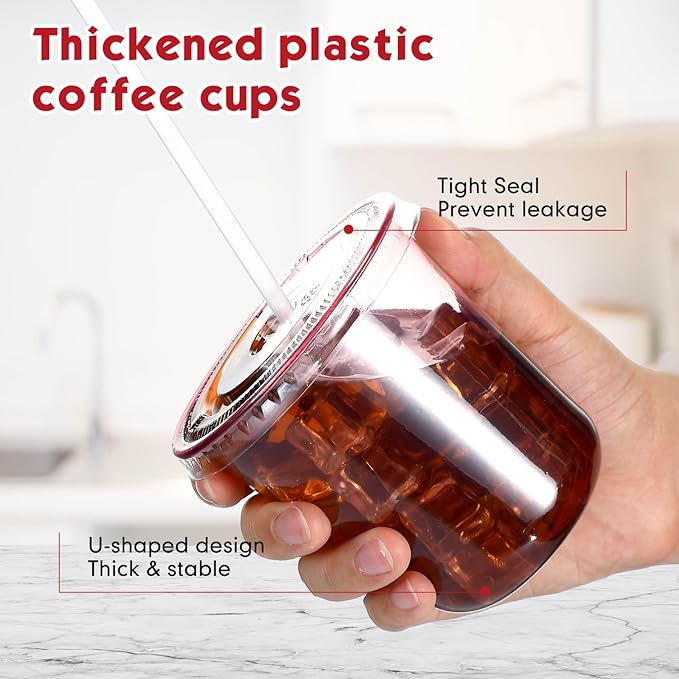 50 Sets Clear Plastic Cups with Lids and Straws, Disposable Iced Coffee Cups Drinking PET for Cold Drinks, Juice, Smoothie, Coffee Shops, Party, Christmas(Pink,12 oz)