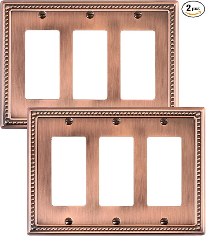 2-Pack Triple Decorator Outlet Cover Plate, Antique Copper Pearls Decorative Switch Plates and Outlet Covers, Metal Wall Plates for Electrical Outlets, Receptacle, GFCI Outlet, Dimmer Switch