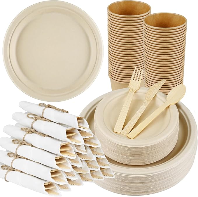 Compostable Disposable Dinnerware Set - 30pack Eco-Friendly Cutlery, Include: 30 10” and 7” Paper Plates, 30 Pre Rolled Napkins and Bamboo Cutlery Set, 30 Cups for Party