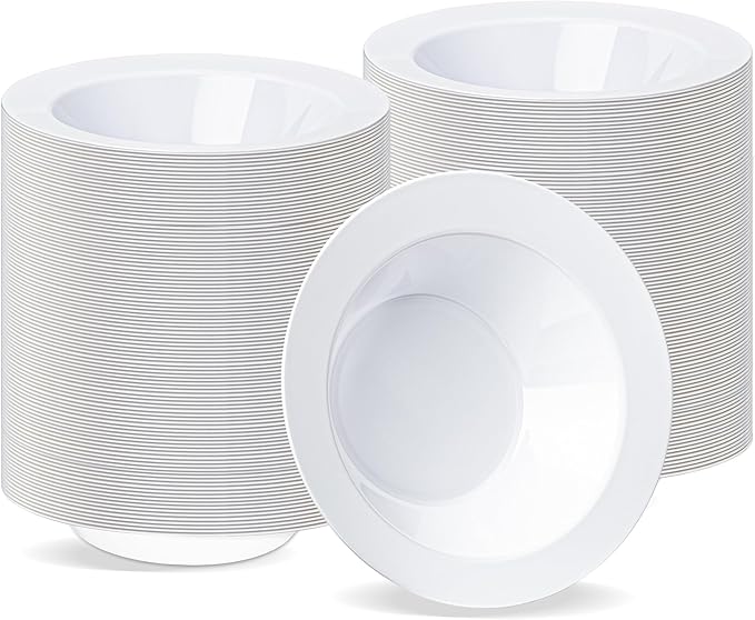 BESTVIP 200PCS White Plastic Bowls, 12 Oz Disposable Bowls Disposable Bowls for Christmas, Parties, Wedding, Soak Proof Bowls for Breakfast, Lunch, and Dinner Meals