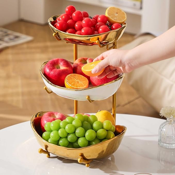 jessie 3 Tier Fruit Bowls for Kitchen Counter,Ceramic Large Fruit Basket Stand,Metal Fruit Serving Tray Snacks Nuts Cake Storage Holder (Gold 2)
