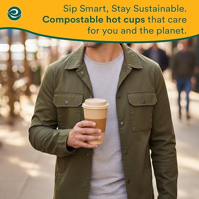 ECO SOUL 100 Pack 16 oz Disposable Coffee Cups with Lids & Sleeves Eco-Friendly, Biodegradable, Compostable, Leak-free & Sturdy To Go Hot Drink Cup for Tea, Chocolate Party Travel Cafe Office & Home