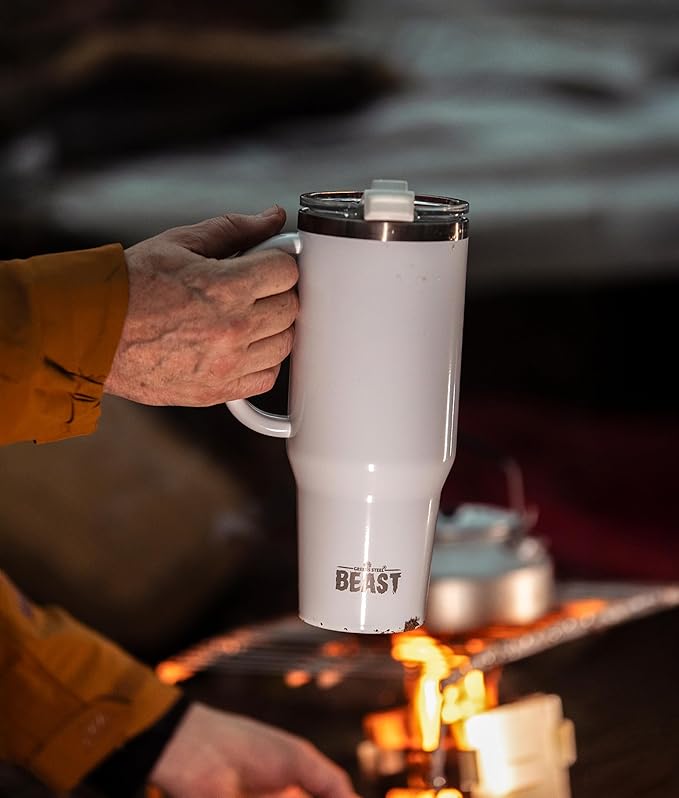Beast 42 oz Tumbler with Handle Stainless Steel Vacuum Insulated Coffee Ice Cup Double Wall Travel Flask (Arctic White)