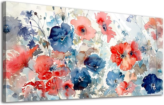 ADJUVANT Wall Art Watercolor Vibrant Floral 60"L x 30"W, Colorful Poppies With Soft Hues Canvas Painting Lively Blooms Artwork Delicate Tones Prints Wall Decor for Living Room Bedroom Bathroom Home Office