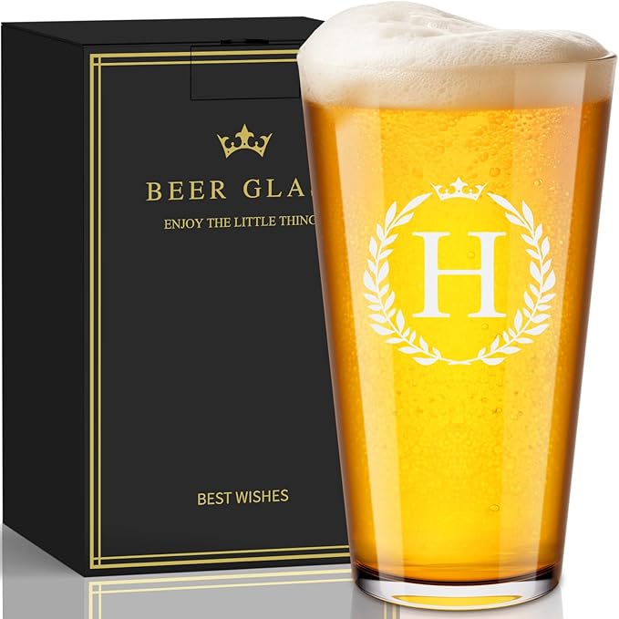 Personalized Beer Glasses Gifts for Men, 16 oz Pint Glasses Monogrammed A-Z Drinking Glass Cups Customized Gift, Unique Christmas Anniversary Birthday Gifts for Men Him Dad Brother Husband Grandpa (H)