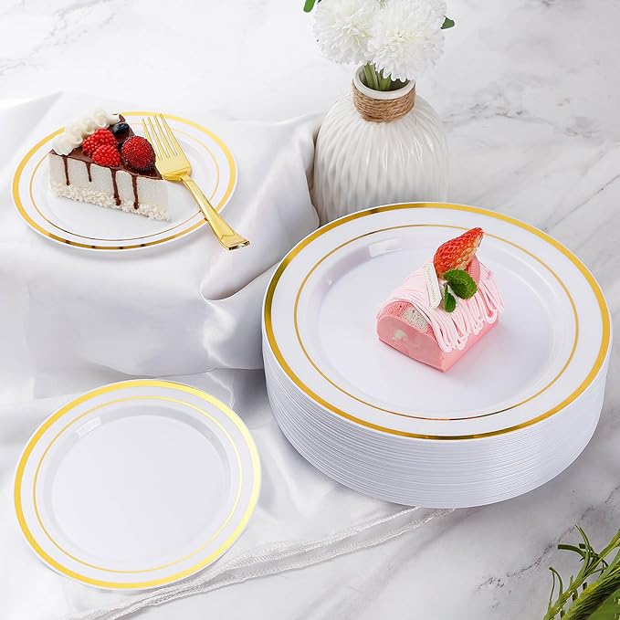 Goodluck 300 Pieces Gold Disposable Plates for 50 Guests, Plastic Plates for Party, Wedding, Dinnerware Set of 50 Dinner Plates, 50 Salad Plates, 50 Spoons, 50 Forks, 50 Knives, 50 Cups