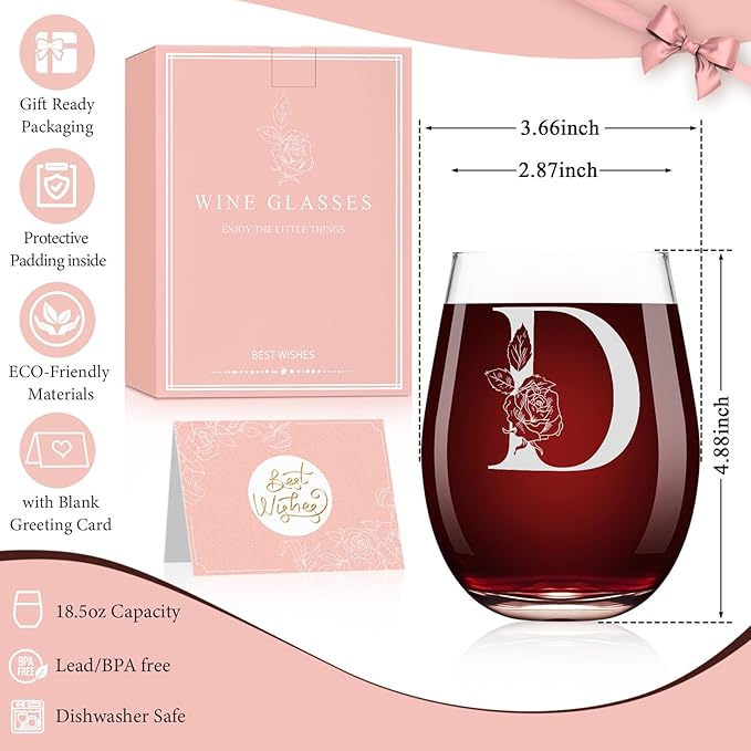 Valentines Day Gifts for Her, Gifts for Women Her Friend Mom Grandma Wife Sister Bridesmaid Nurse, Birthday Galentines Mothers Day Christmas, Personalized Initial Customized Wine Glasses 18OZ(D)