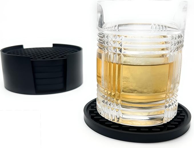 Happitasa 4.25 Inch Bar Mat Style Silicone Beverage Coasters, Set of 6 with Holder (Smoky Blue)