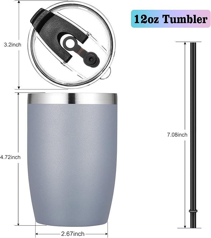 VEGOND Stainless Steel 12 oz Tumblers bulk Vacuum Insulated Double Wall Travel Tumbler with Lid and Straw Reusable Tumbler,Grey 12 pack
