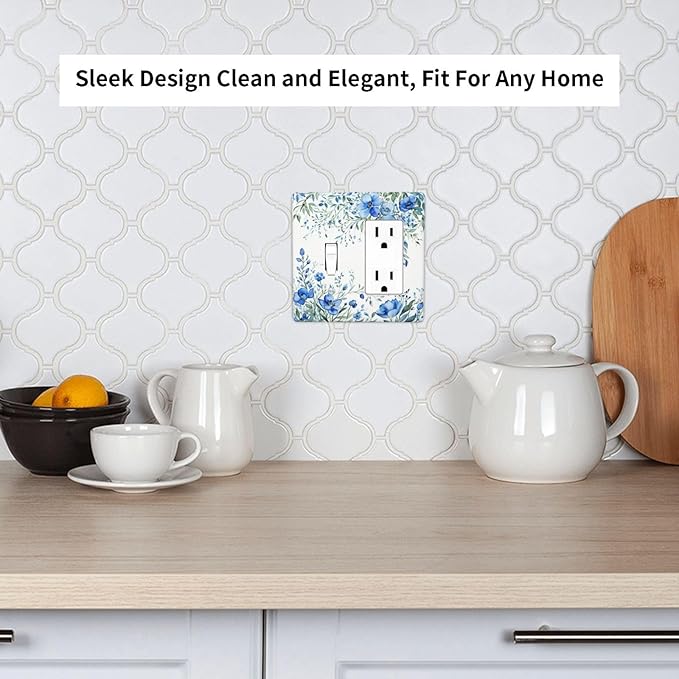 Light Switch Cover Blue Watercolor Flowers Retro Floral Leaves 2 Gang Toggle Rocker Combo Socket Cover Wall Plates Decorative Switch Plates and Outlet Covers for Bathroom Bedroom Decor